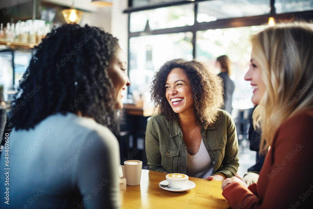 Fototapeta premium Happy smiling female friends sitting in a café laughing and talking during a lunch break