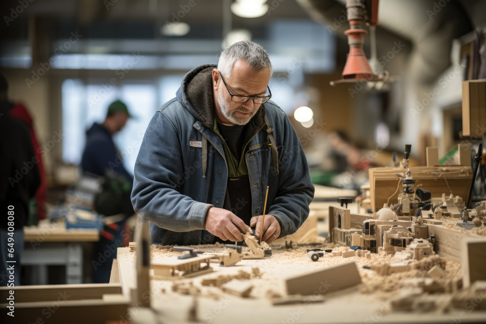 A community workshop offers woodworking tools and space for residents to engage in DIY projects, encouraging skill-sharing and creativity. Generative Ai.
