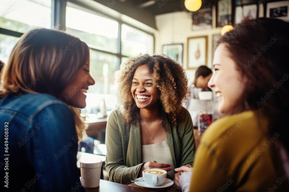 Happy smiling female friends sitting in a café laughing and talking during a lunch break Happy smiling female friends sitting in a café laughing and talking during a lunch break