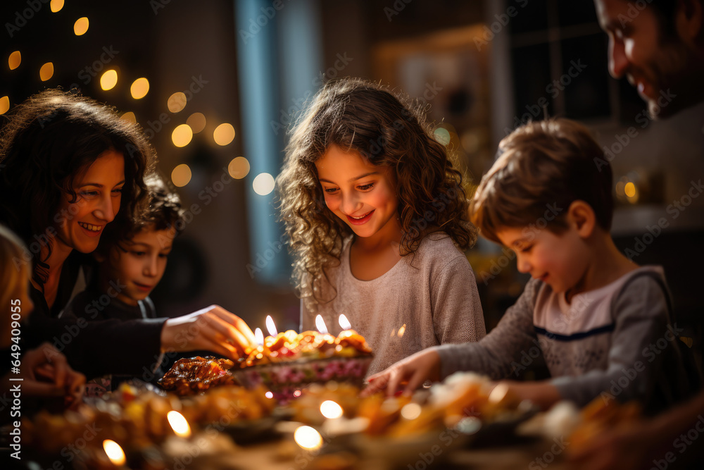 Children prepare traditional dishes and set the table for a festive Hanukkah meal, embodying the importance of family, culture, and heritage. Generative Ai.