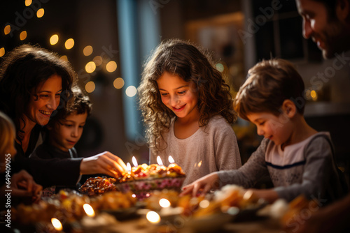 Children prepare traditional dishes and set the table for a festive Hanukkah meal  embodying the importance of family  culture  and heritage. Generative Ai.