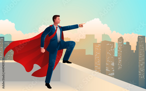 Illustration of a superhero businessman standing triumphantly atop a skyscraper, pointing towards the city skyline. Themes of leadership, ambition, and conveying ideas related to corporate triumph