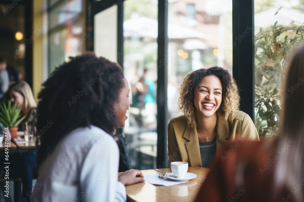 Happy smiling female friends sitting in a café laughing and talking during a lunch break