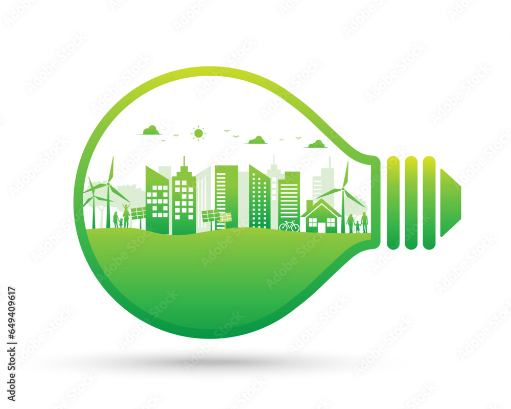 green light bulb and ecology environment cityscape. World  sustainable development. Vector illustration in flat design. isolated on white background. Clean and natural energy.