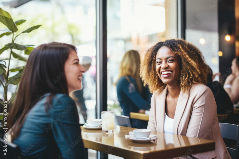 Happy smiling female friends sitting in a café laughing and talking during a lunch break Happy smiling female friends sitting in a café laughing and talking during a lunch break