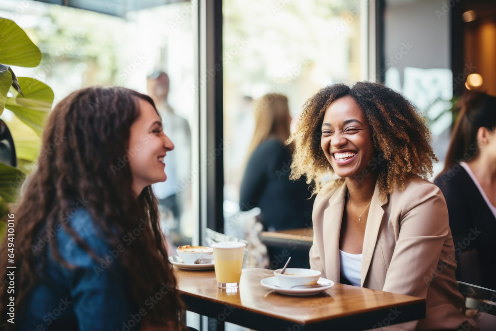 Happy smiling female friends sitting in a café laughing and talking during a lunch break Happy smiling female friends sitting in a café laughing and talking during a lunch break