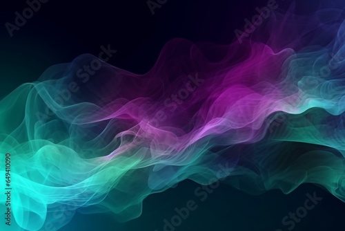 Abstract background with interlaced smoke glitch and distortion effect in blue, mint, and purple colors. Futuristic cosmos design. Generative AI