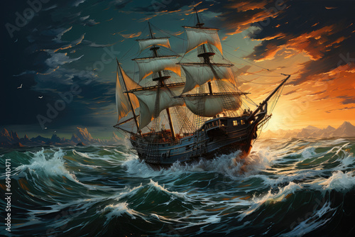 Pirate ship in the sea: Action painting of a ship on turbulent ocean waters, blending dark emerald and red tones with a rough texture.