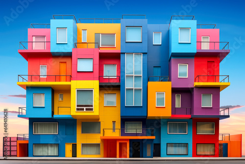 Colorful buildings for renting  in the style of modular  coloristic  colorful building with concrete blocks on each floor.