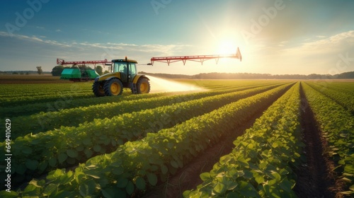 During the spring season, a tractor is applying pesticides to a soybean field using a sprayer