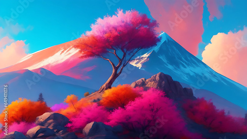 A very beautiful pink colored tree in the mountains Ai Generated © Romana Rupa