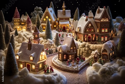 Festive village! Gingerbread houses, candy canes, decorated trees, sparkling snow, enchanting. Generative AI