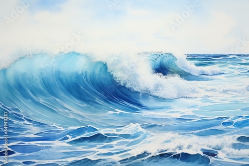 Vibrant watercolor illustration portraying a serene sea in various shades of blue, adorned with open spaces between the waves. Generative AI