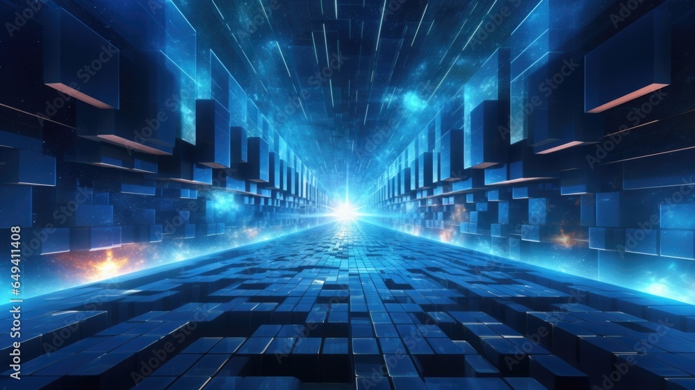 Fototapeta premium Abstract futuristic tunnel made of blue metallic cubes