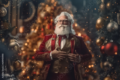 Santa Claus joining and Preparing Christmas tree and doing activities in Christmas Event for children. Santa Claus carrying mini gift box portrait, Generative AI.