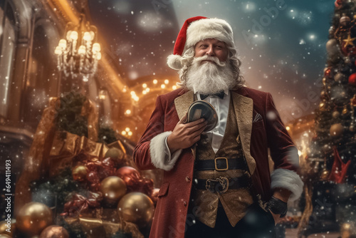 Santa Claus joining and Preparing Christmas tree and doing activities in Christmas Event for children. Santa Claus carrying mini gift box portrait, Generative AI. © Surachetsh