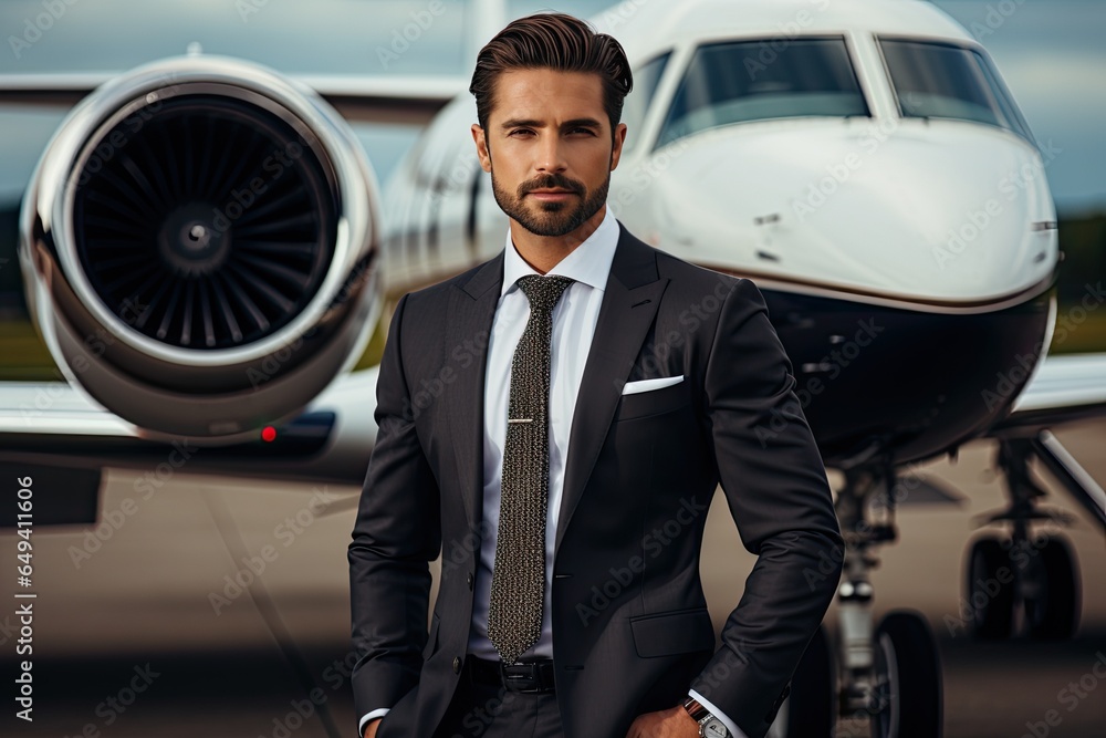 businnesman in front of aircraft businnesman in front of aircraft