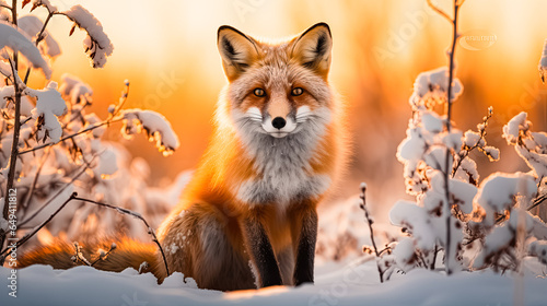 Fox at snow on sunset or sunrise sky abstract background. Animal and nature environment concept.