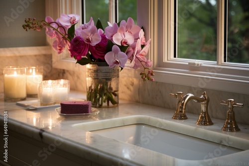 Elegant countertop featuring candle  flowers  sink  mirror  and window. Generative AI