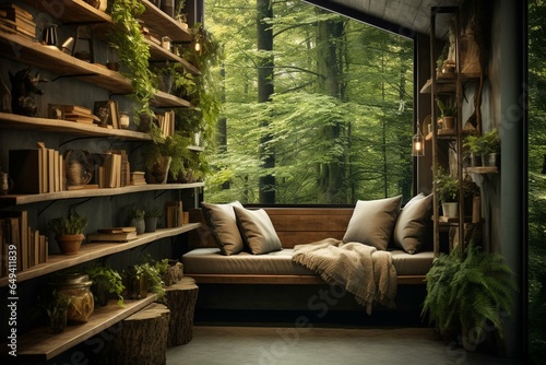 Cozy nook with panoramic woodland scenery, featuring wooden shelves on concrete wall. Generative AI