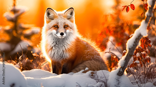 Fox at snow on sunset or sunrise sky abstract background. Animal and nature environment concept. © Tamara