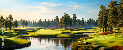 golf courses with lakes and mountains, at sunwood golf course, in the style of naturalistic landscape
 photo
