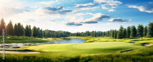 golf courses with lakes and mountains, at sunwood golf course, in the style of naturalistic landscape 