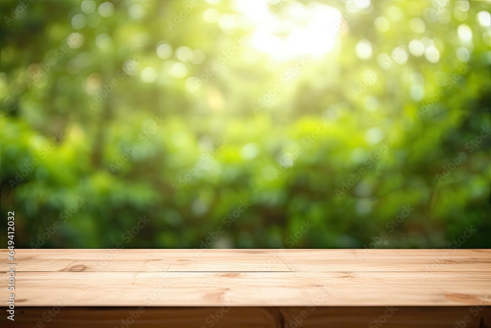 empty light wood tabletop with a blurred background among green plants, product display space empty light wood tabletop with a blurred background among green plants, product display space