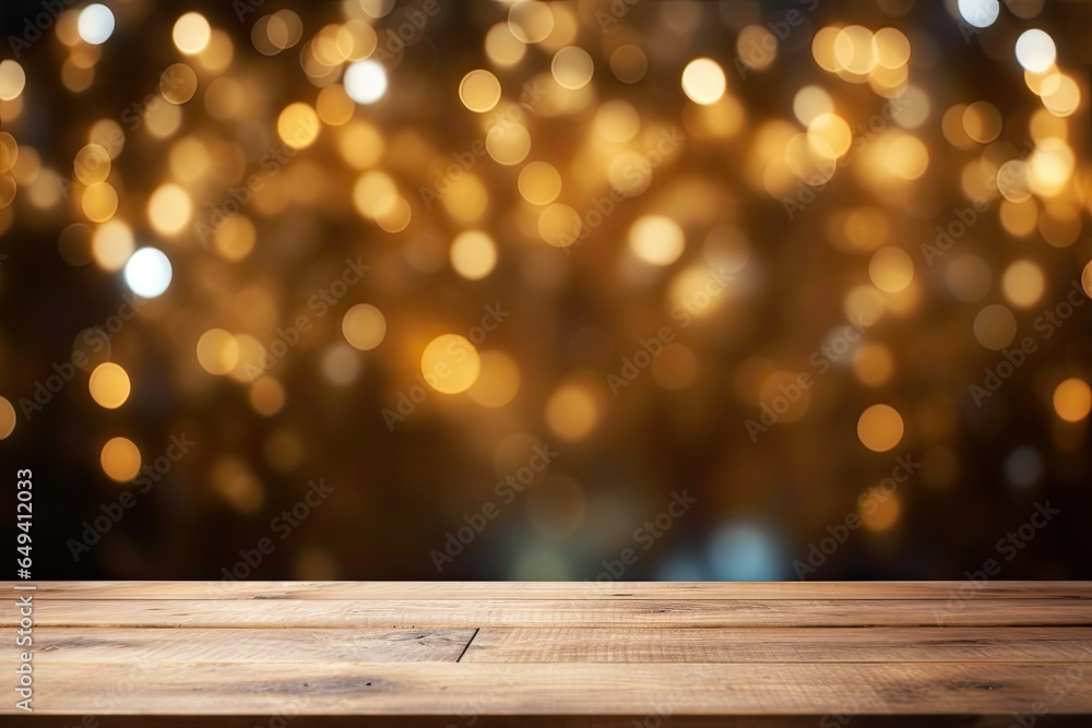 empty wood tabletop with a Christmas blurred background, product display space empty wood tabletop with a Christmas blurred background, product display space