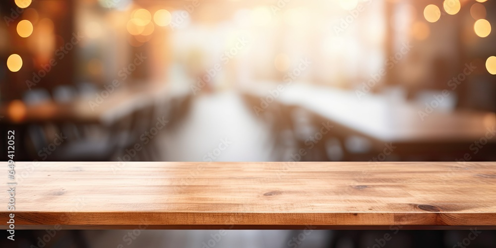 Empty light wooden table top with blurred in coffee shop background, product display space. Empty light wooden table top with blurred in coffee shop background, product display space.