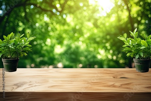 empty light wood tabletop with a blurred background among green plants  product display space