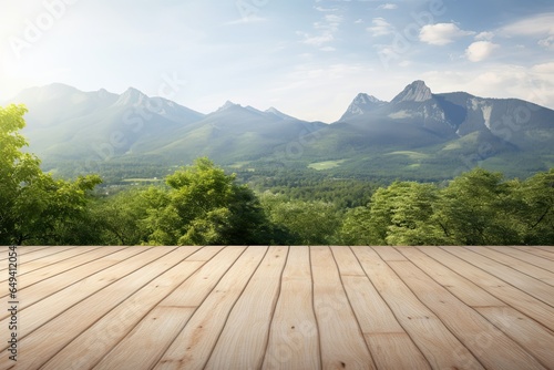 Light wood deck with blurred mountain background, white tabletop nature mountains view for product display