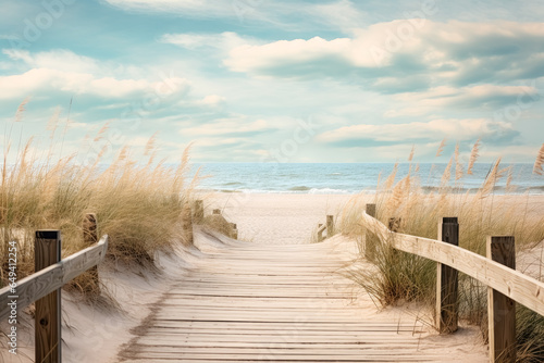 a wooden pier leading to the beach in a sunny day, wooden boardwalk leading to shore. 