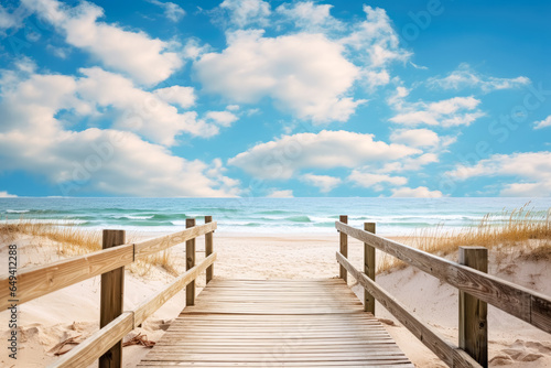 a wooden pier leading to the beach in a sunny day  wooden boardwalk leading to shore. 