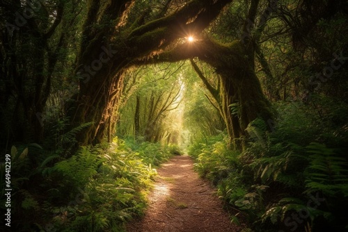 Enchanting forest with a shining path leading to a radiant doorway. Generative AI