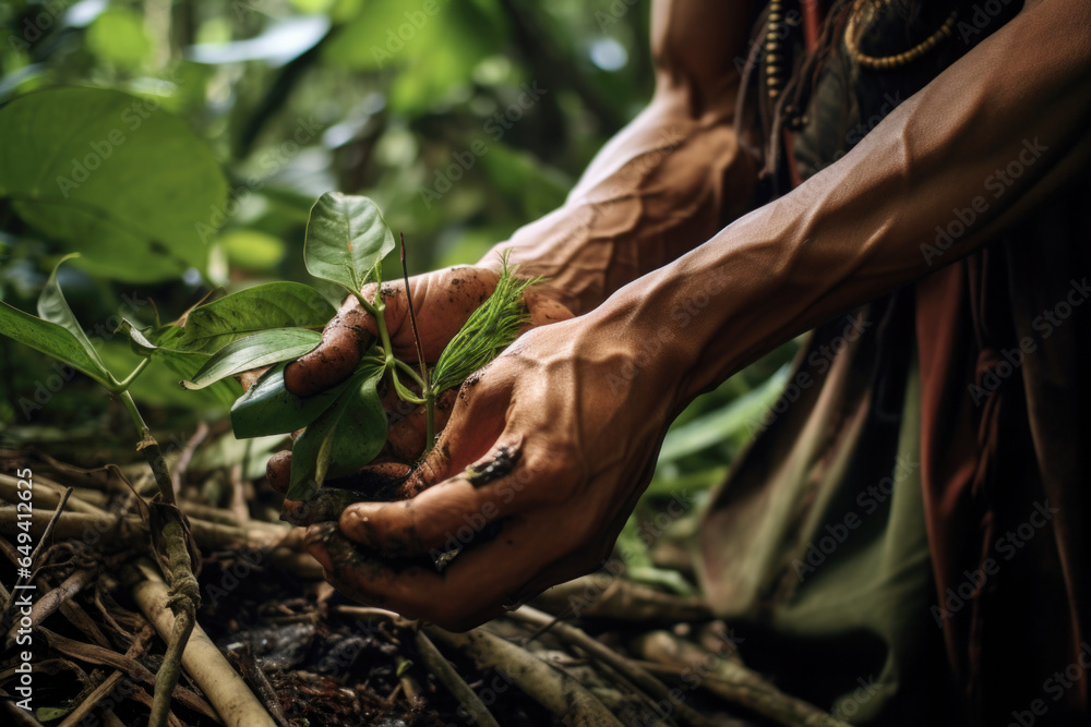 Shaman in Peru picking up Ayahuasca plants. Traditional plant medicine ...