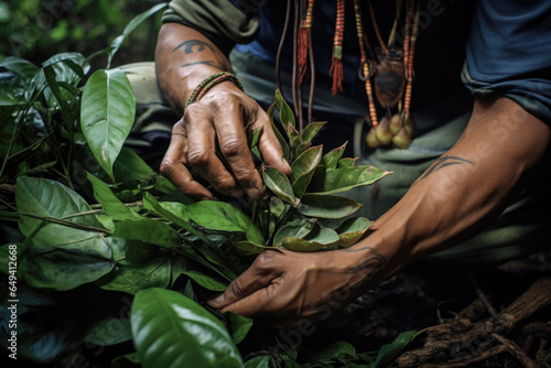 Shaman in Peru picking up Ayahuasca plants. Traditional plant medicine used in religious and shamanic rituals in the amazon rainforest. photo