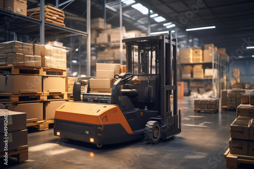 An autonomous forklift efficiently stacking pallets in a warehouse. Generative Ai.