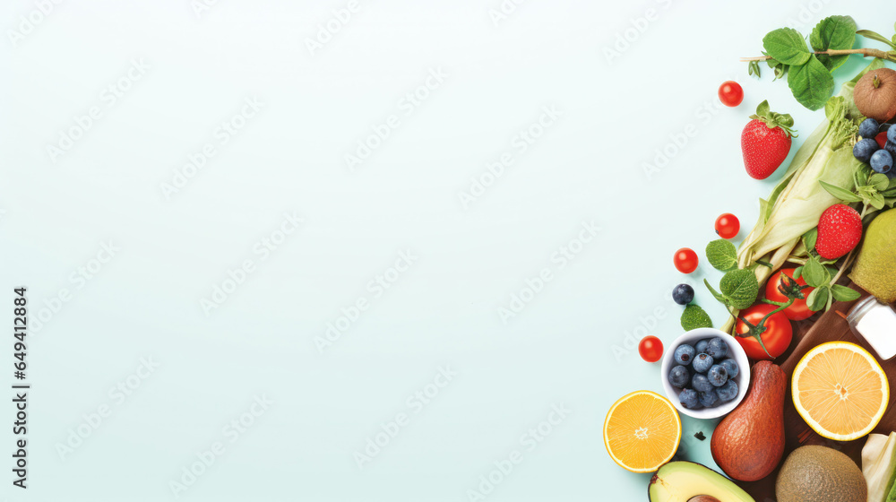 Crisp, High-Angle Shot of Colorful Fruits and Vegetables on a Clean Background, Suitable for Nutrition, Food, Organic, Healthy, and Vegan Concepts
