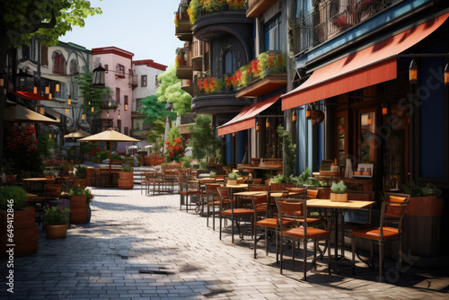 A street with restaurants serving international cuisine. Generative Ai. © Sebastian