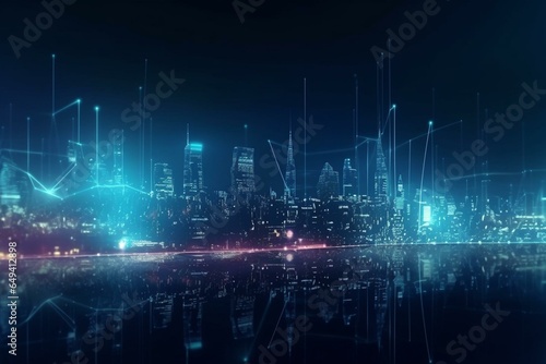 Abstract glowing digital mesh city and IoT hologram on blurry backdrop representing network, communication, internet, and innovation. Generative AI