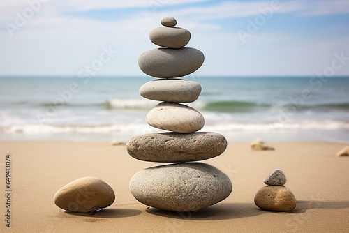 Creative display of balanced rocks on sandy surface. Generative AI