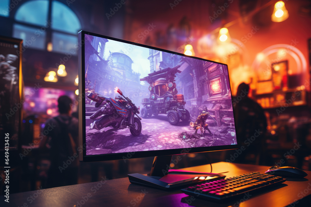 A close-up of a computer monitor displaying a vibrant gaming world. Generative Ai. A close-up of a computer monitor displaying a vibrant gaming world. Generative Ai.