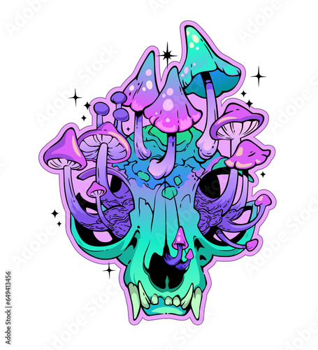 Bright animal skull overgrown with mushrooms