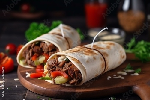 Homemade, delicious Turkish shawarma with beef and vegetables. Generative AI