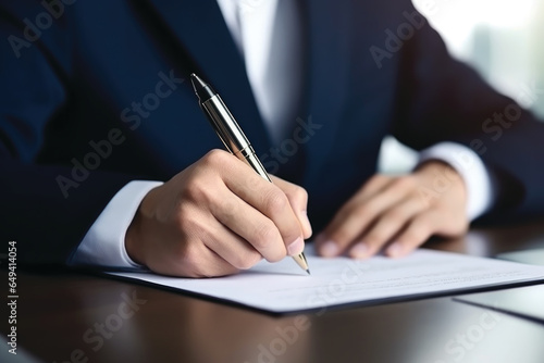 Businessman, executive manager hand filling paper business document, signing contract, partnership agreement on desk in modern office, close up