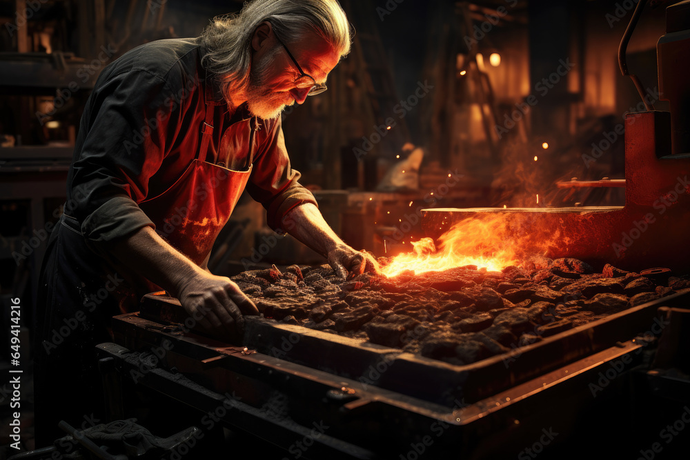 Fototapeta premium A blacksmith forging a red-hot iron piece with precision. Generative Ai.