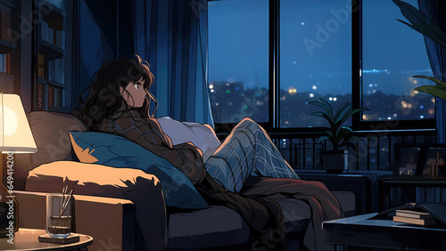 Serene Evening: A Girl Relaxing on a Sofa with a Twilight View - A Poetic and Comforting Illustration