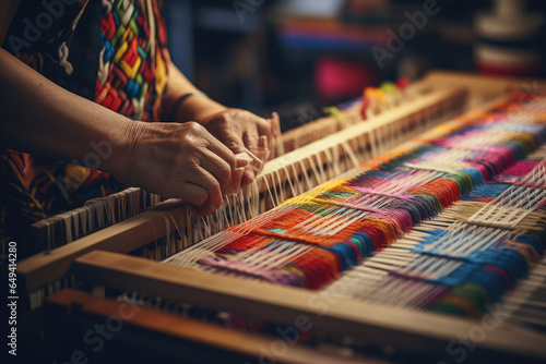 A skilled weaver creating intricate patterns on a loom. Generative Ai.