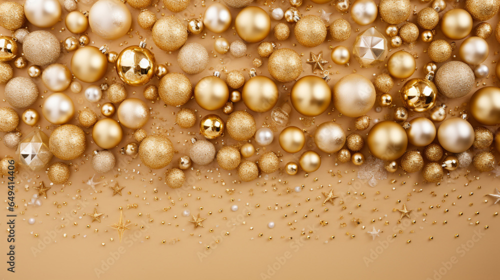Fototapeta premium tło z gwiazdek, baniek, brokatu w kolorze złotym, z dekoracją do życzeń świątecznych bożonarodzeniowych, noworocznych.